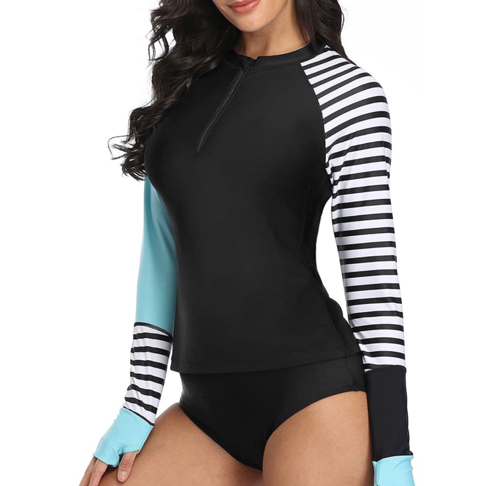 Striped Black and Aqua Women's Swim Top - Picture 4 of 8